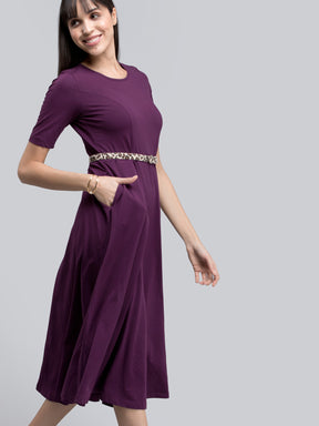 Cotton Round Neck Knitted Fit And Flare Dress - Purple