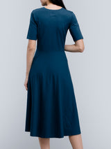 Cotton Round Neck Knitted Fit And Flare Dress - Blue
