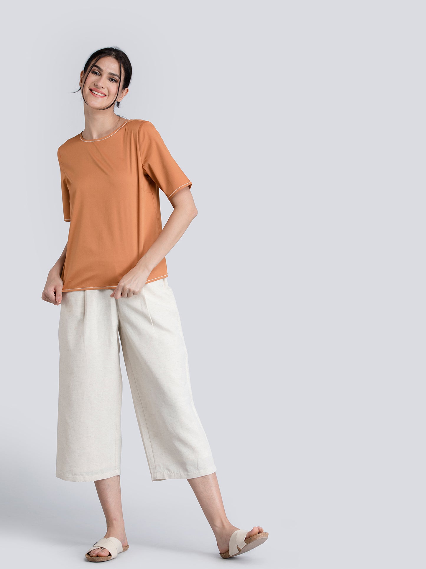 Cotton Satin Stitch Detail Top - Rust