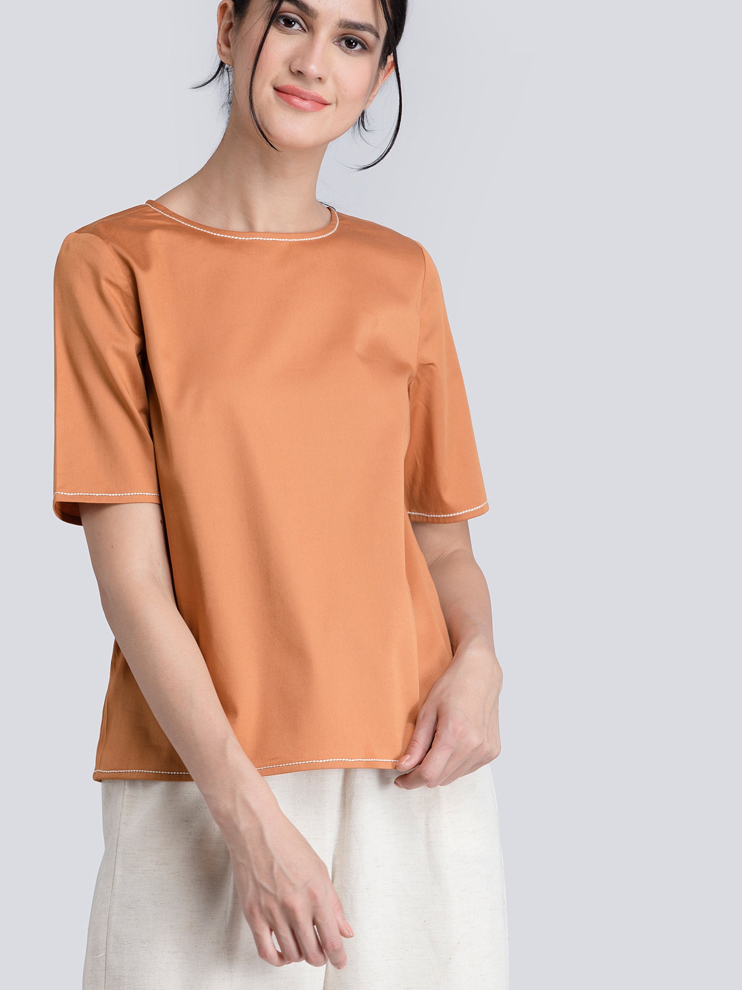 Cotton Satin Stitch Detail Top - Rust