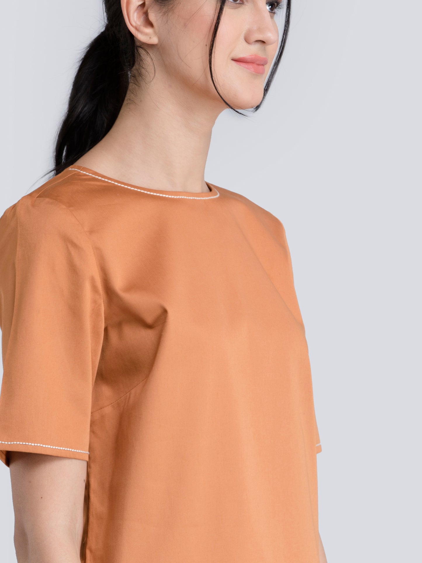 Cotton Satin Stitch Detail Top - Rust