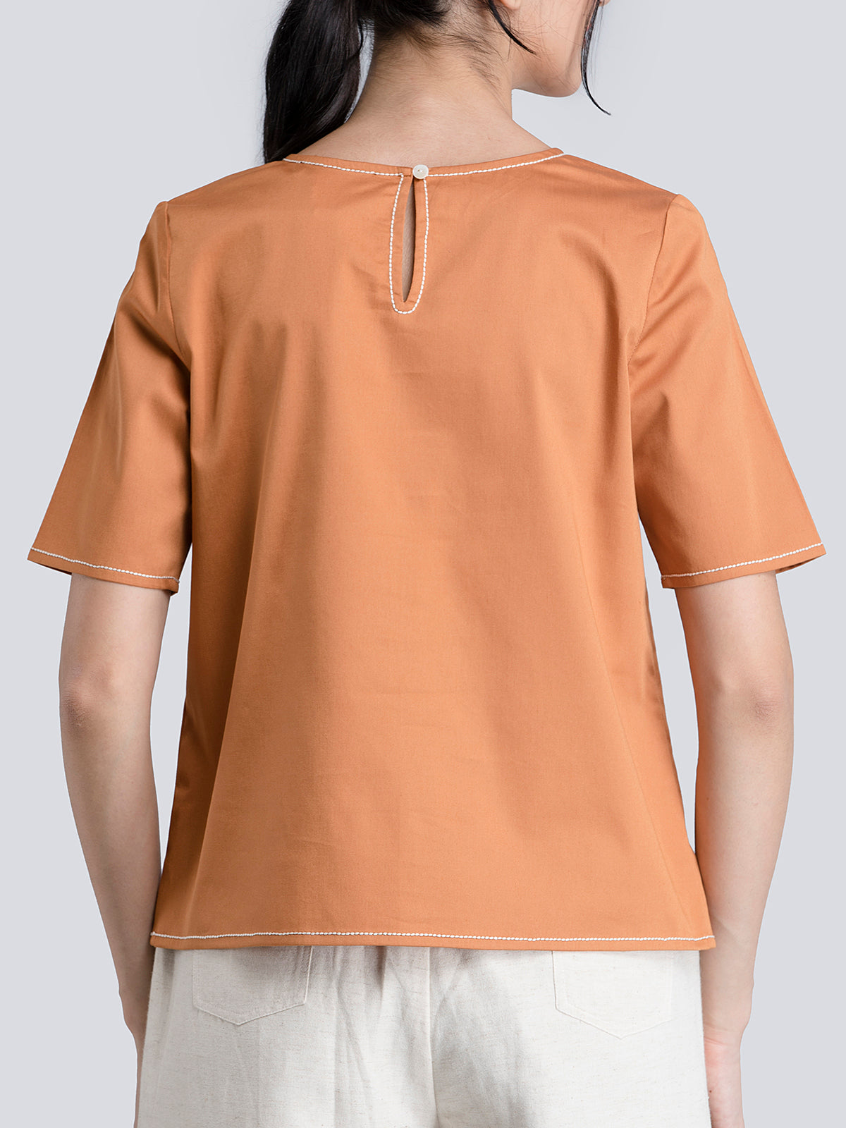 Cotton Satin Stitch Detail Top - Rust