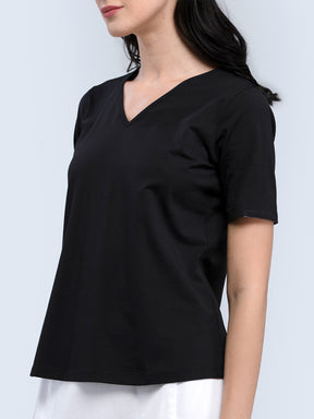 Cotton V Neck Knitted T Shirt - Black
