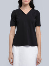 Cotton V Neck Knitted T Shirt - Black