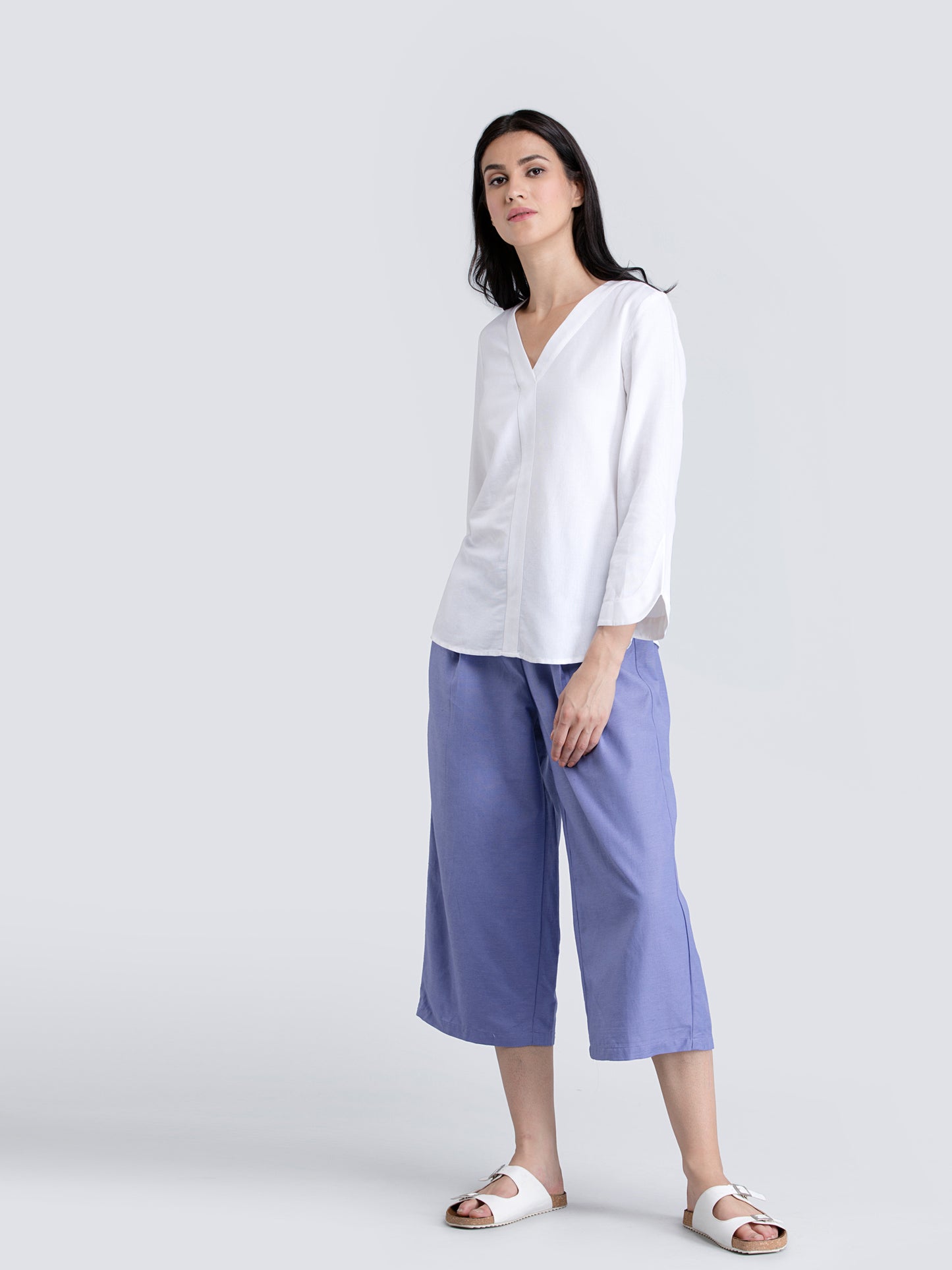 Cotton V Neck Top With Stylish Sleeves - White| Formal Tops