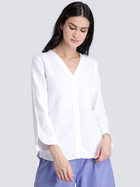 Cotton V Neck Top With Stylish Sleeves - White| Formal Tops