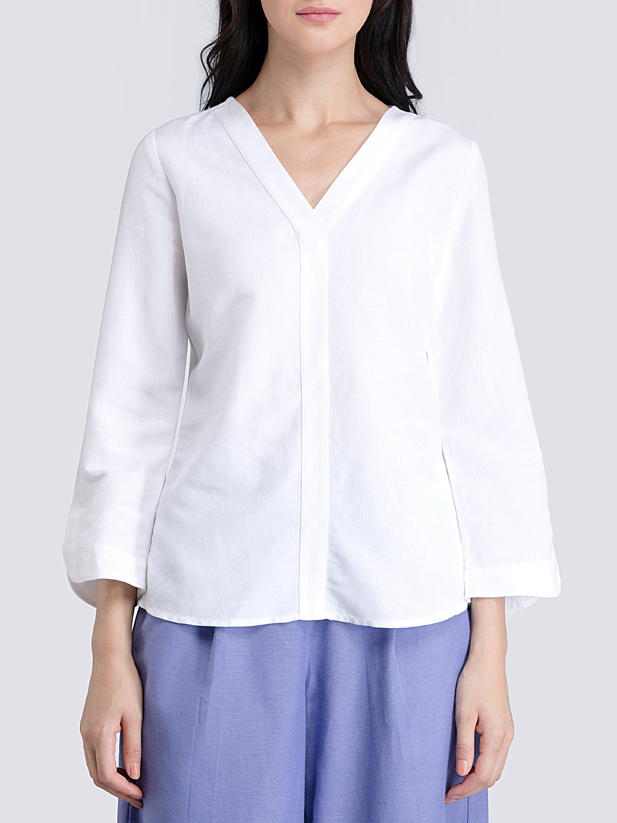 Cotton V Neck Top With Stylish Sleeves - White| Formal Tops