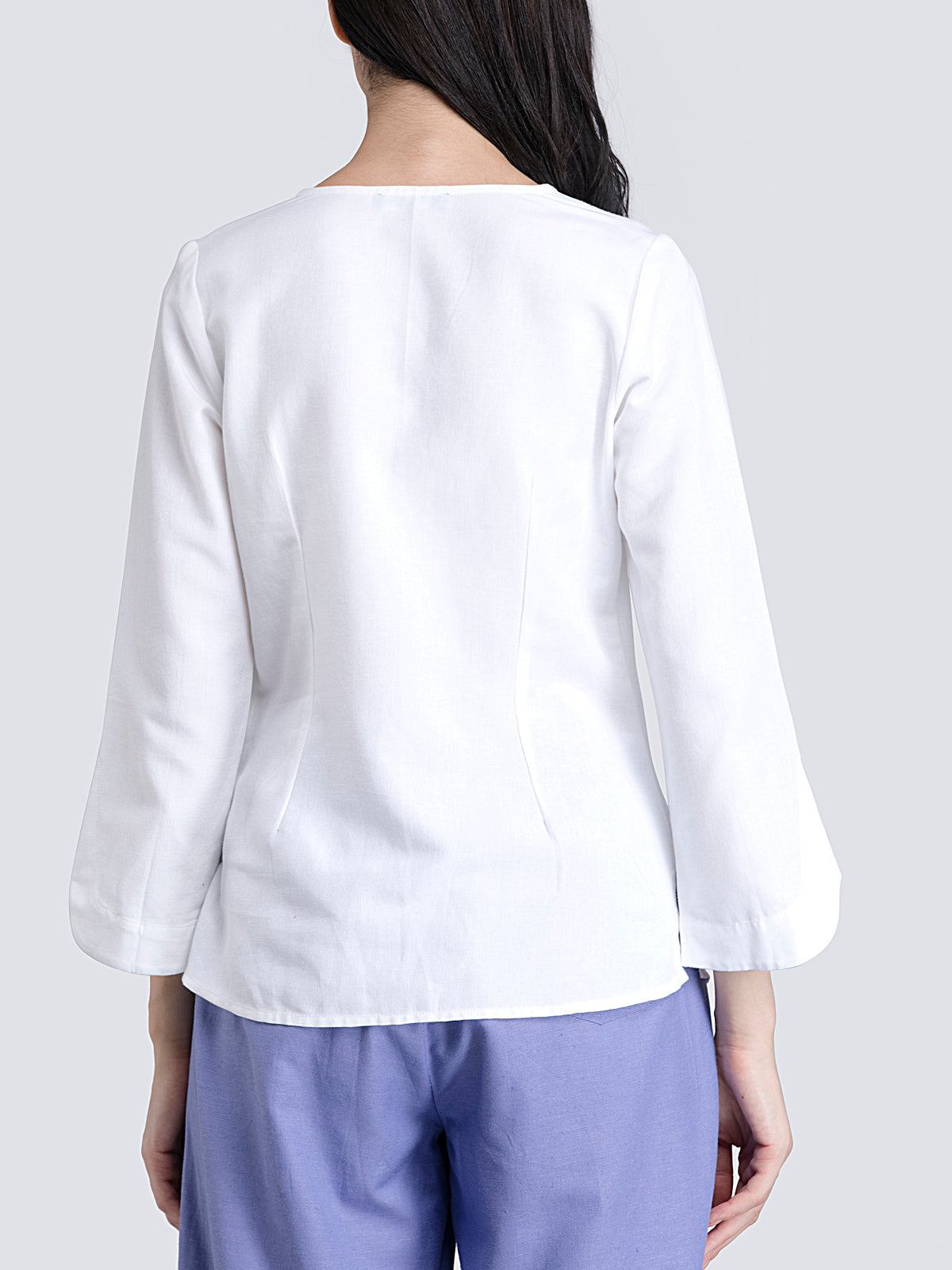 Cotton V Neck Top With Stylish Sleeves - White| Formal Tops