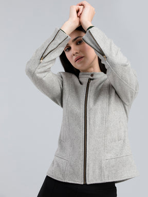 Cotton Wool Felt Panelled Bomber Jacket - Grey