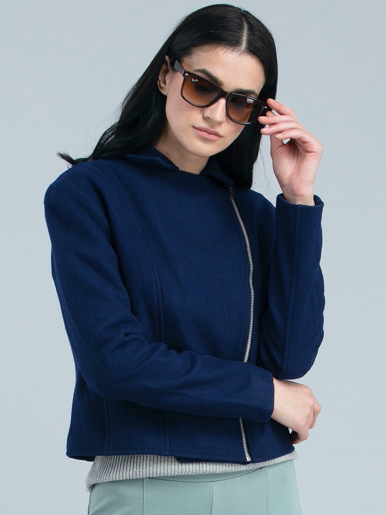 Cotton Wool Jacket With Zip - Navy