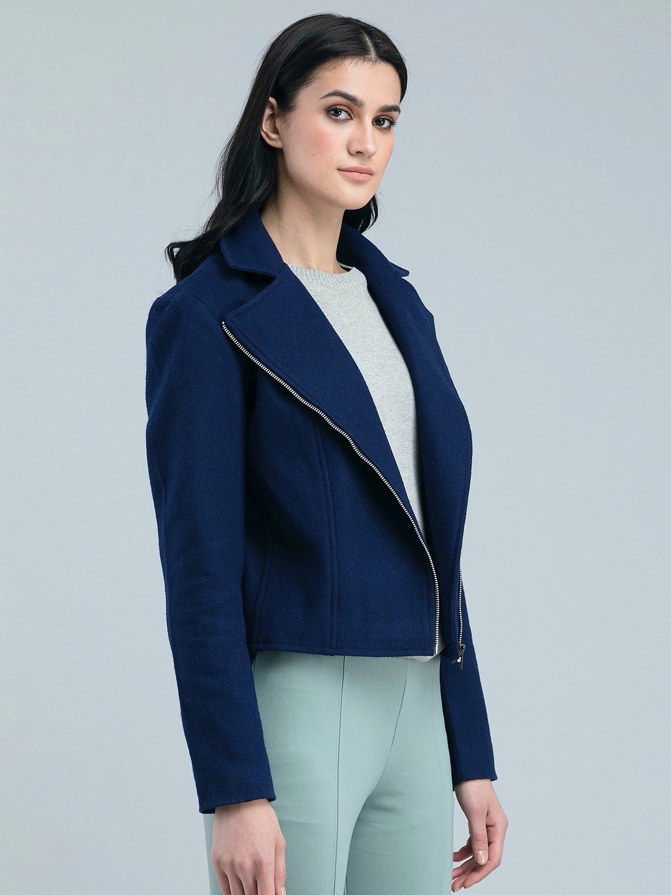 Cotton Wool Jacket With Zip - Navy