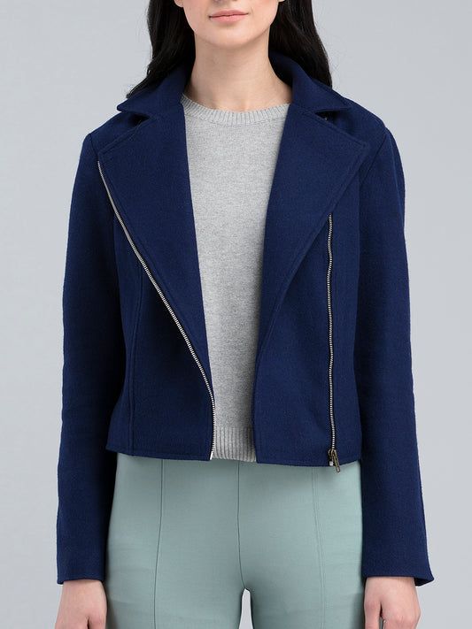 Cotton Wool Jacket With Zip - Navy