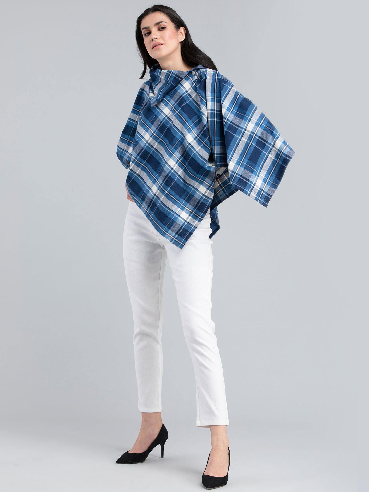 Cotton Wool Plaid Collared Cape - Blue