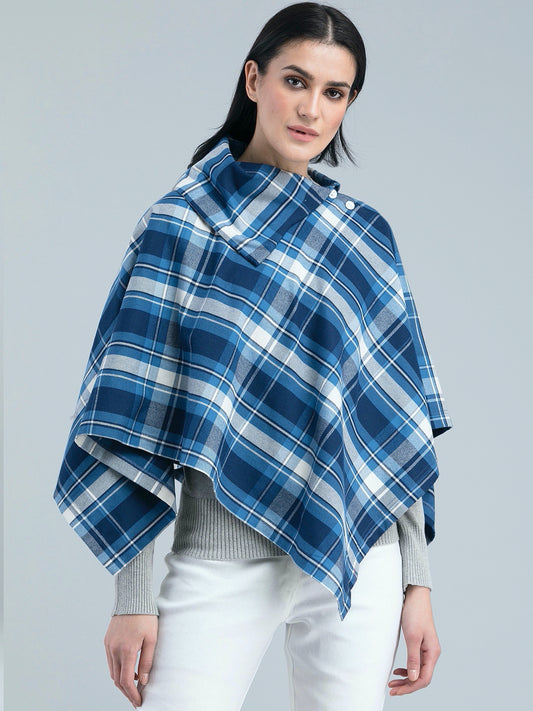 Cotton Wool Plaid Collared Cape - Blue