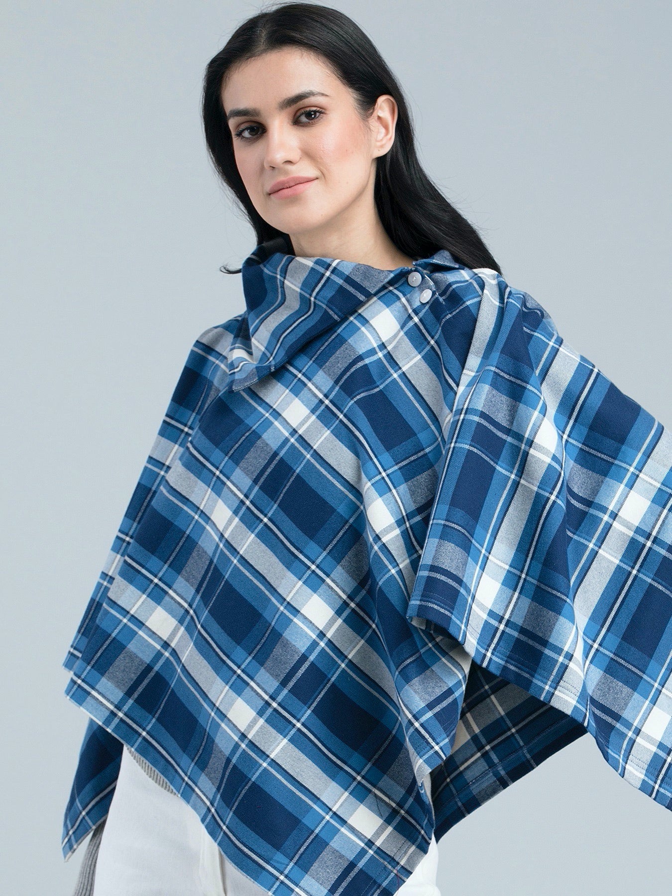 Cotton Wool Plaid Collared Cape - Blue