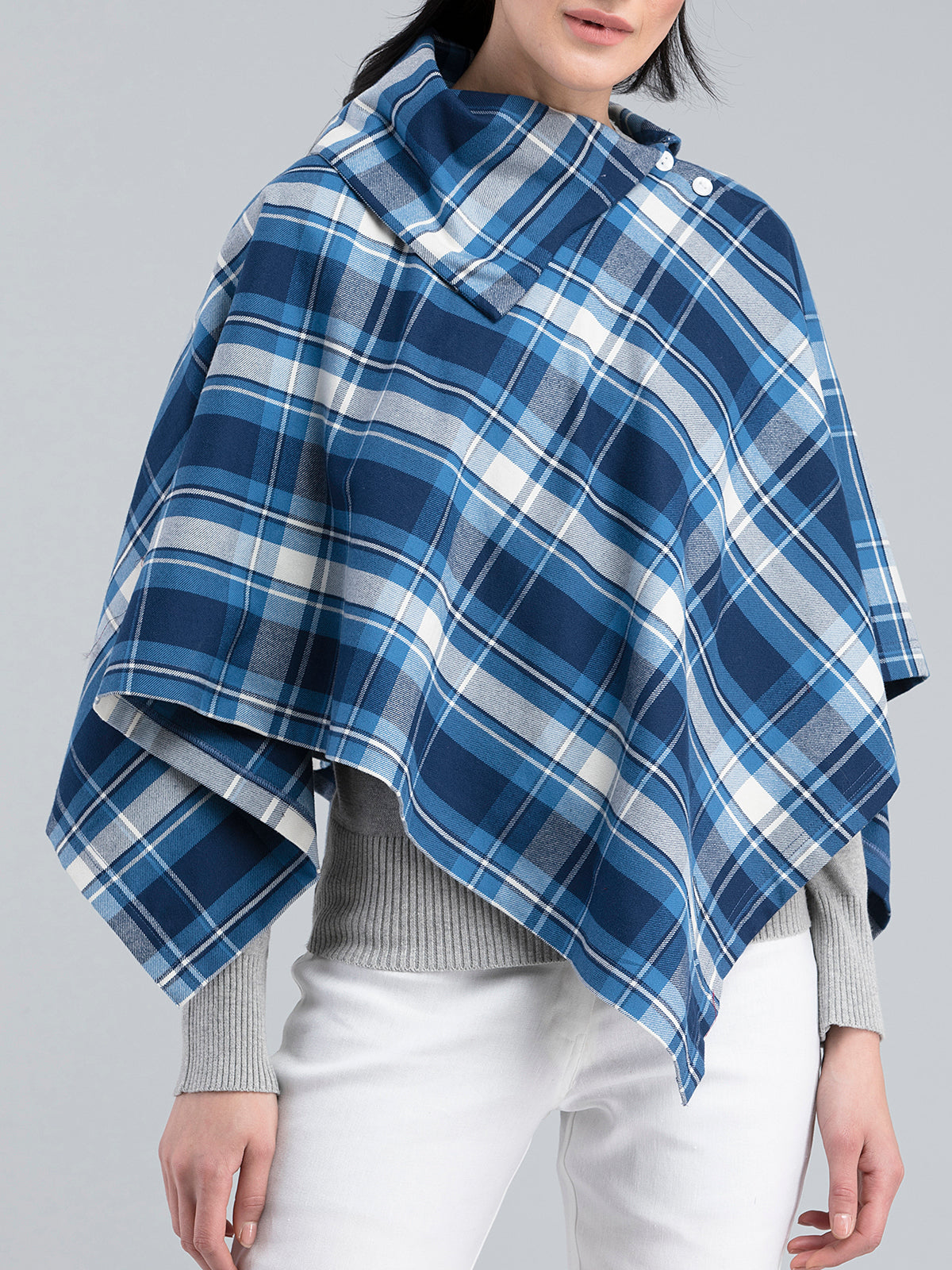 Cotton Wool Plaid Collared Cape - Blue