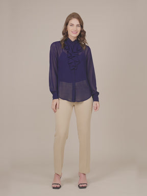 Georgette Solid Ruffle Shirt - Navy Blue