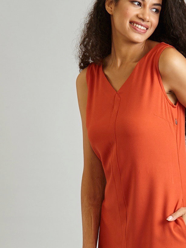 V Neck Front Slit Midi Dress - Rust| Formal Dresses