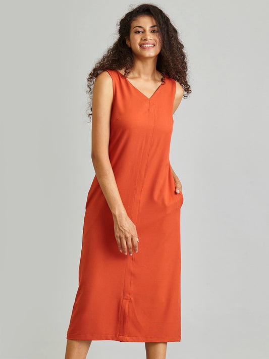 V Neck Front Slit Midi Dress - Rust| Formal Dresses