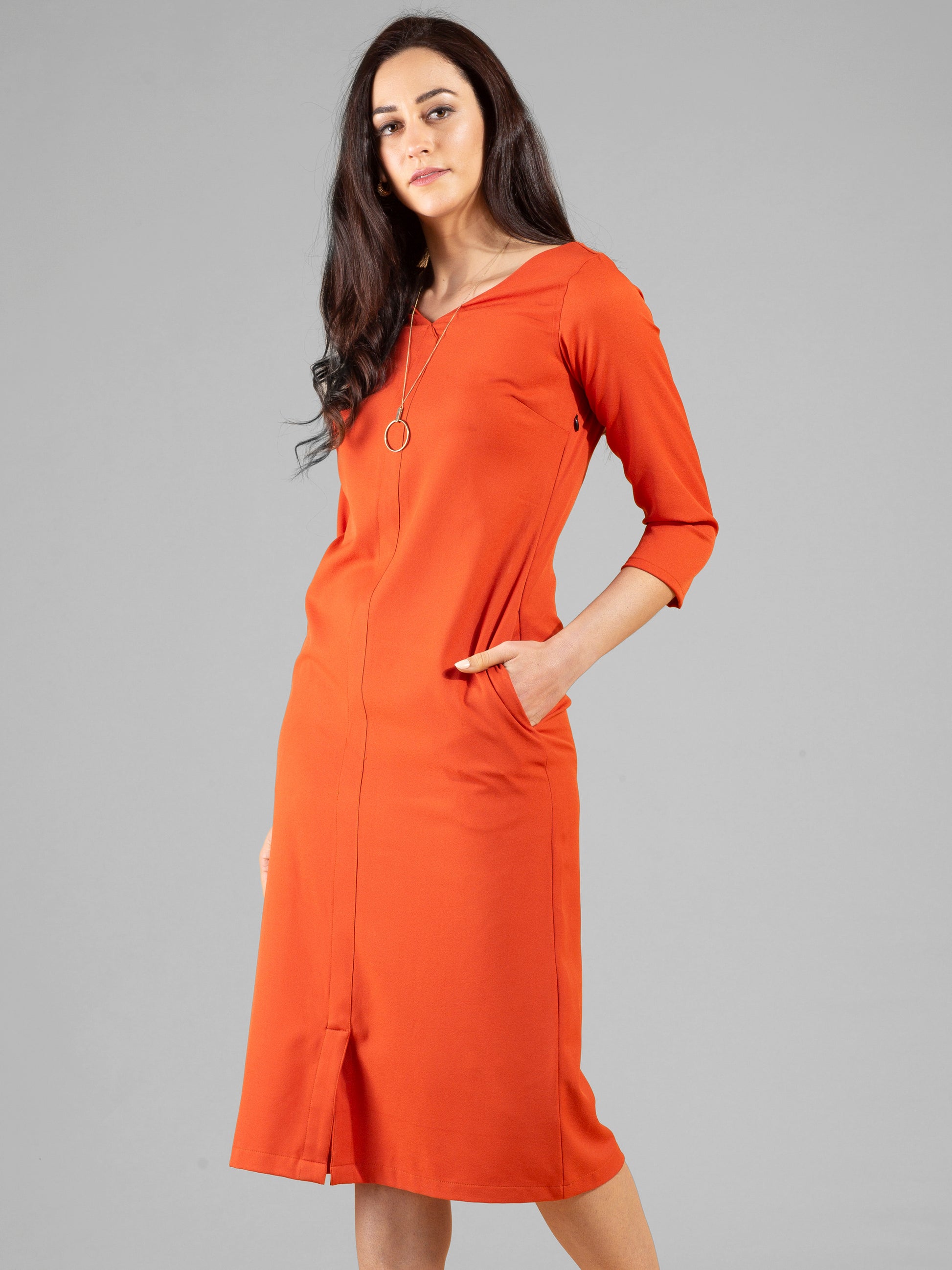 V Neck Front Slit Midi Dress - Rust| Formal Dresses