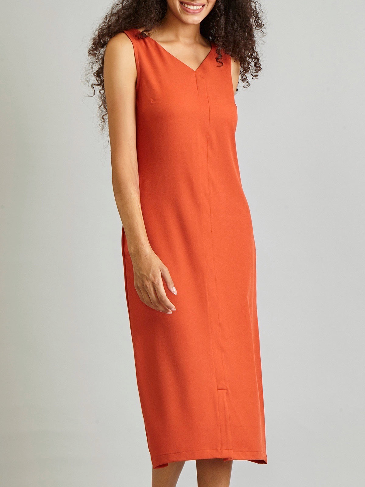 V Neck Front Slit Midi Dress - Rust| Formal Dresses