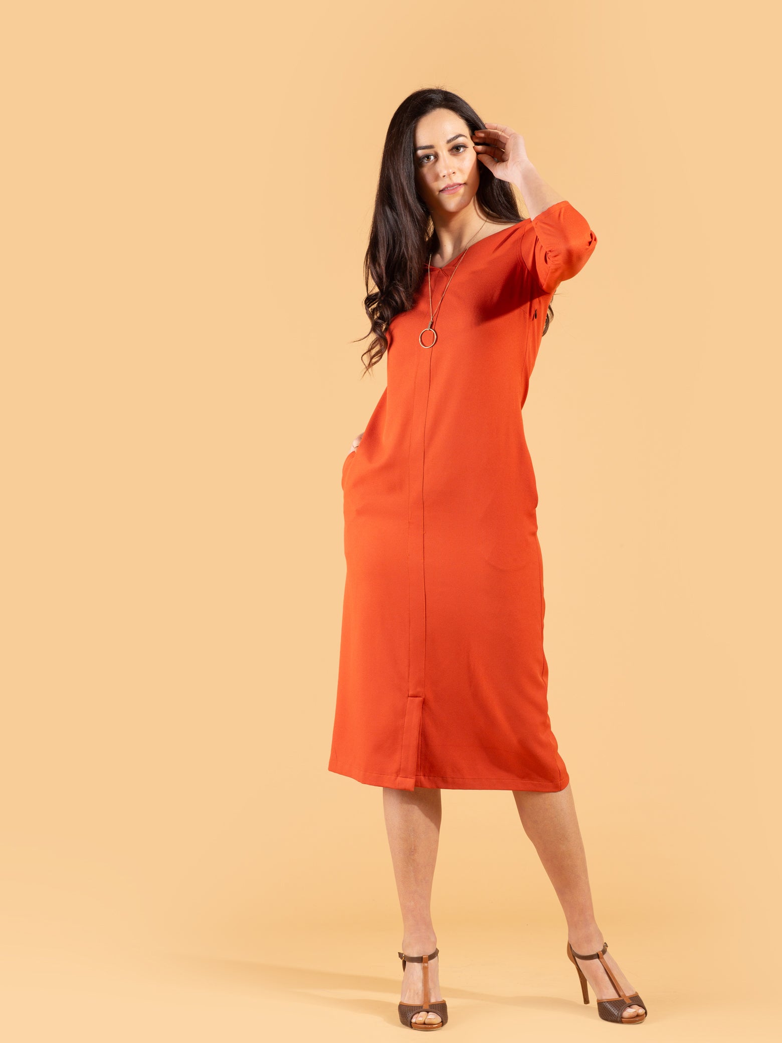 V Neck Front Slit Midi Dress - Rust| Formal Dresses