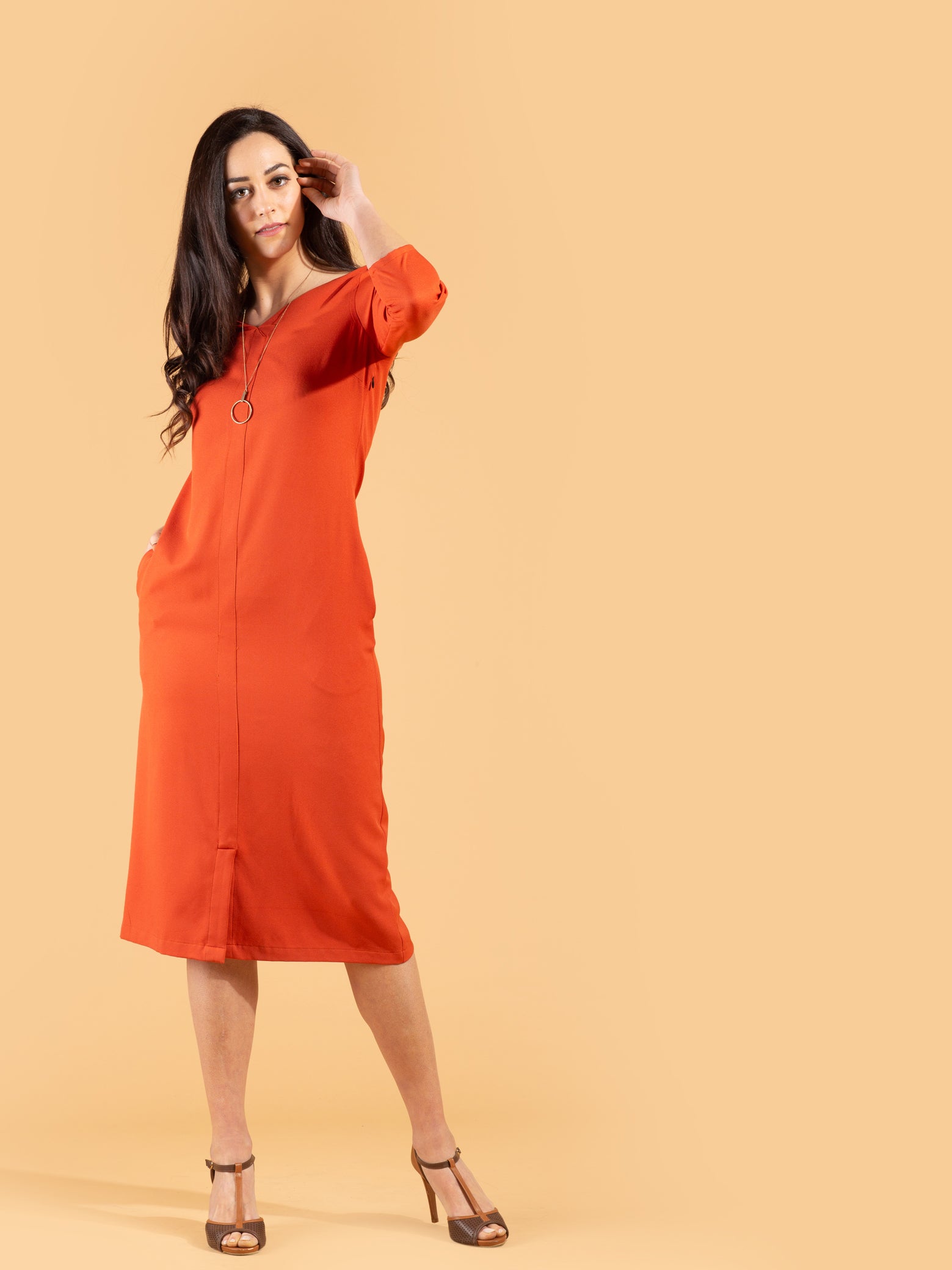V Neck Front Slit Midi Dress - Rust| Formal Dresses