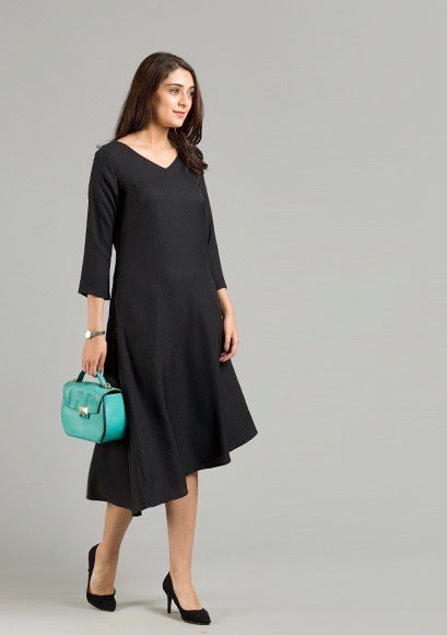 V Neck Asymmetric Hem Flared Midi Dress - Black-XXL