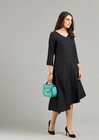 V Neck Asymmetric Hem Flared Midi Dress - Black-XXL