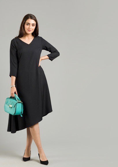 V Neck Asymmetric Hem Flared Midi Dress - Black-XXL