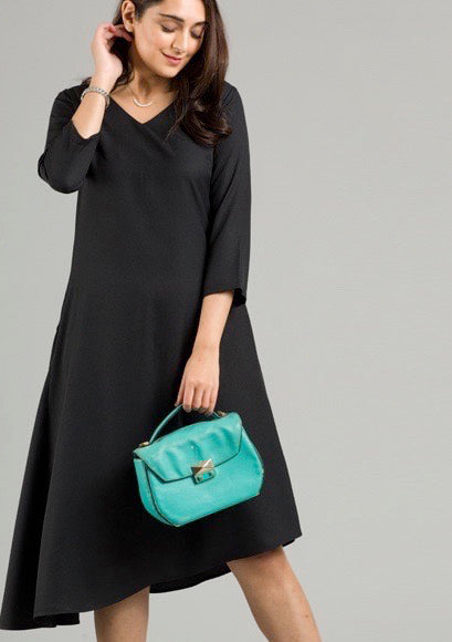 V Neck Asymmetric Hem Flared Midi Dress - Black-XXL