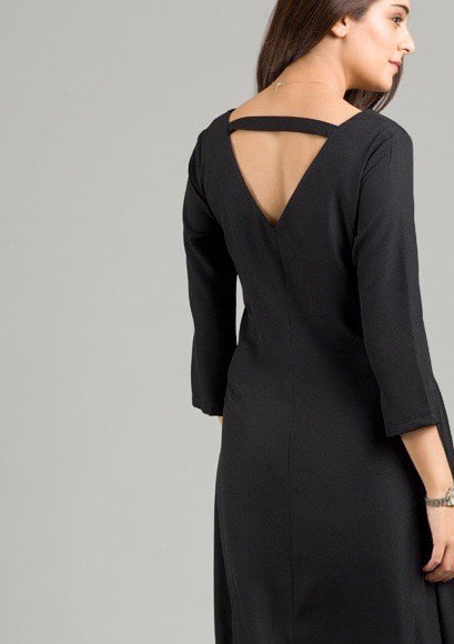 V Neck Asymmetric Hem Flared Midi Dress - Black-XXL