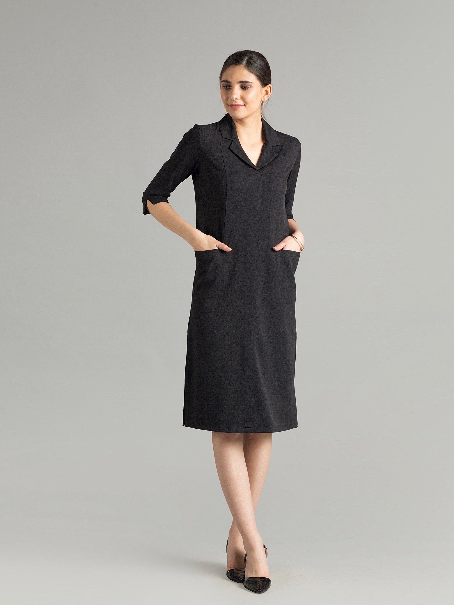 Front Pocket Lapel Dress - Black| Formal Dresses