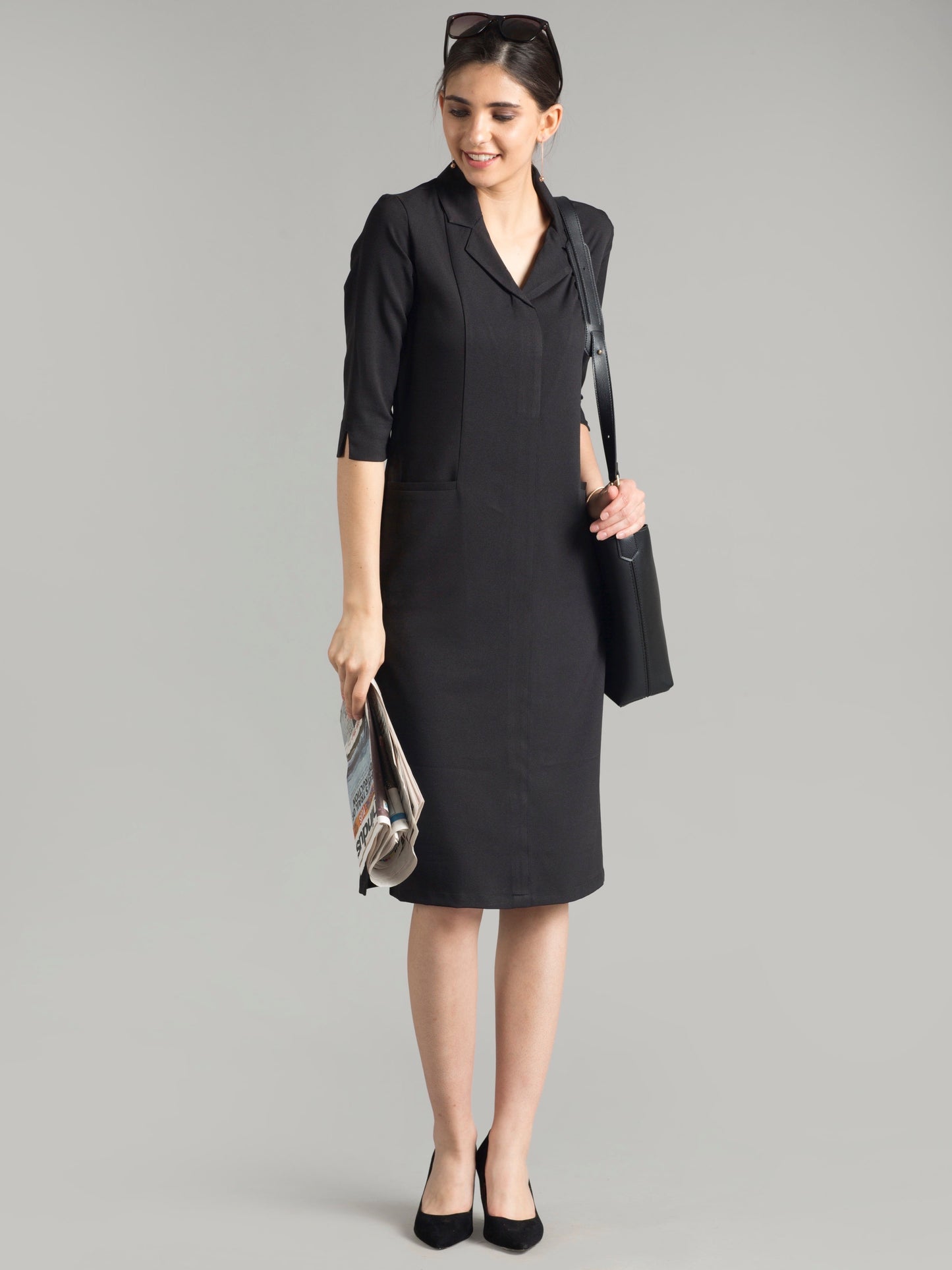 Front Pocket Lapel Dress - Black| Formal Dresses