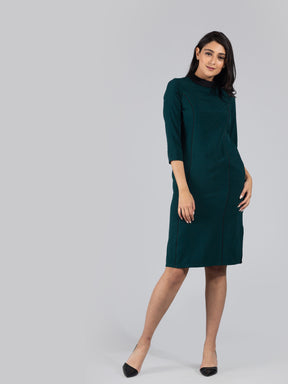 High Neck Colour Block Knee Length Dress - Dark green| Formal Dresses
