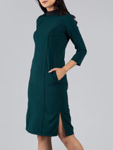 High Neck Colour Block Knee Length Dress - Dark green| Formal Dresses