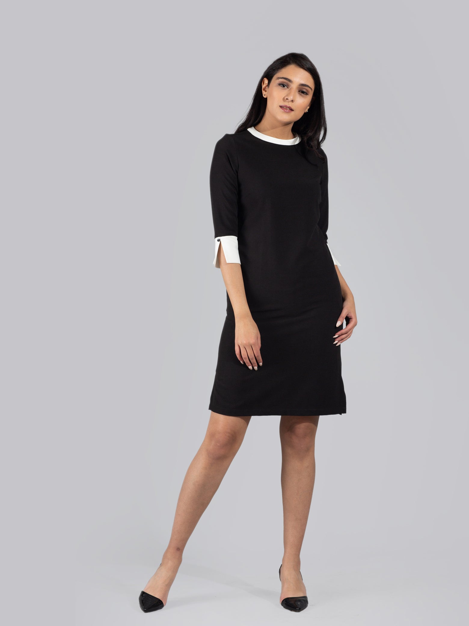 Quarter Sleeve Colour Block Above Knee Dress - Black & White| Formal Dresses