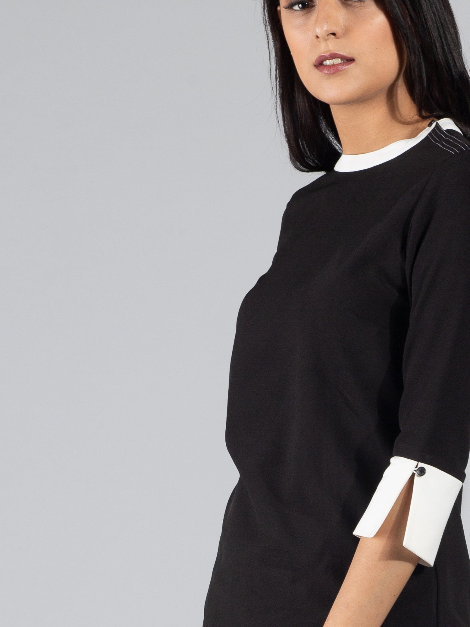 Quarter Sleeve Colour Block Above Knee Dress - Black & White| Formal Dresses