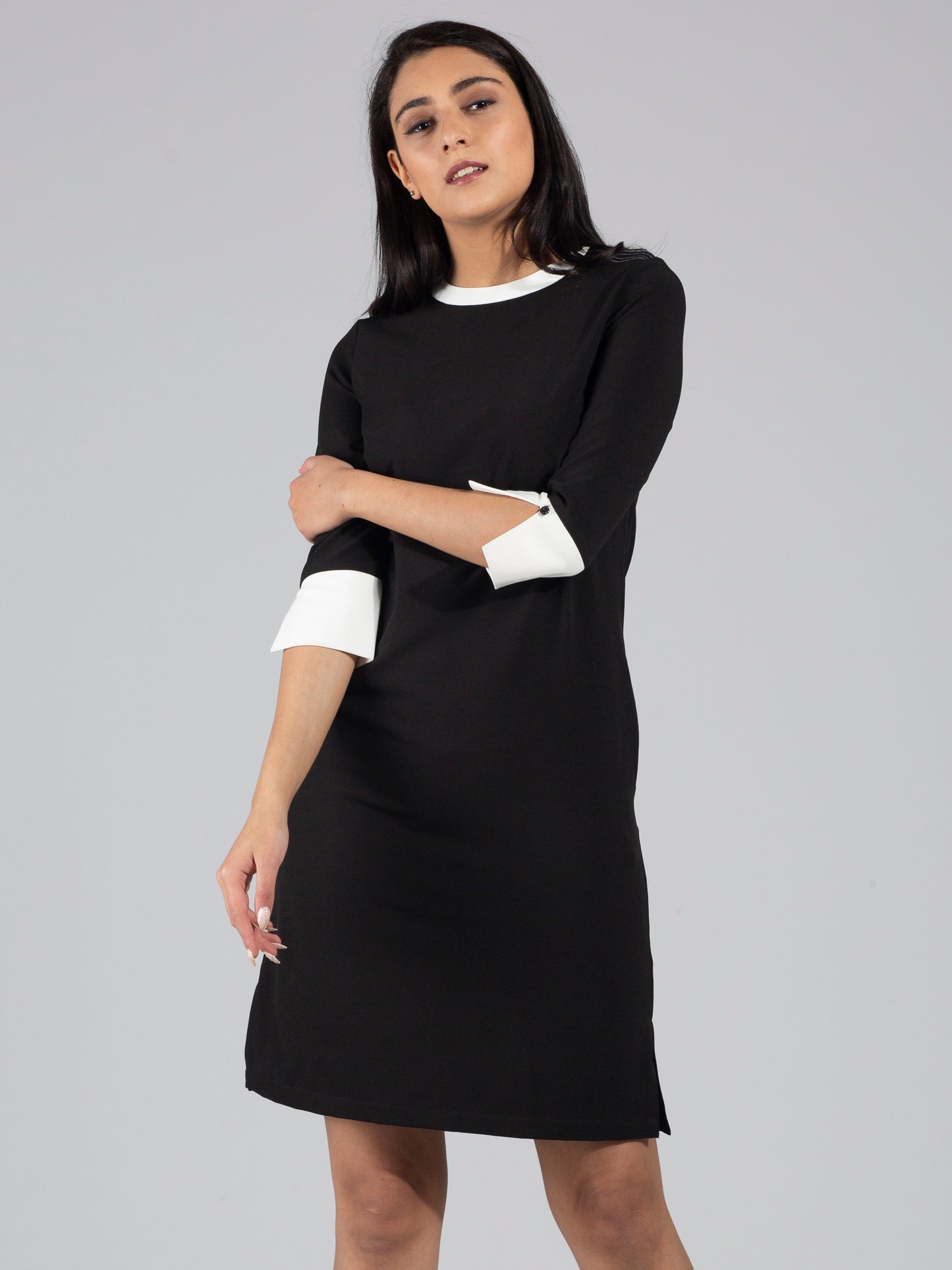 Quarter Sleeve Colour Block Above Knee Dress - Black & White| Formal Dresses