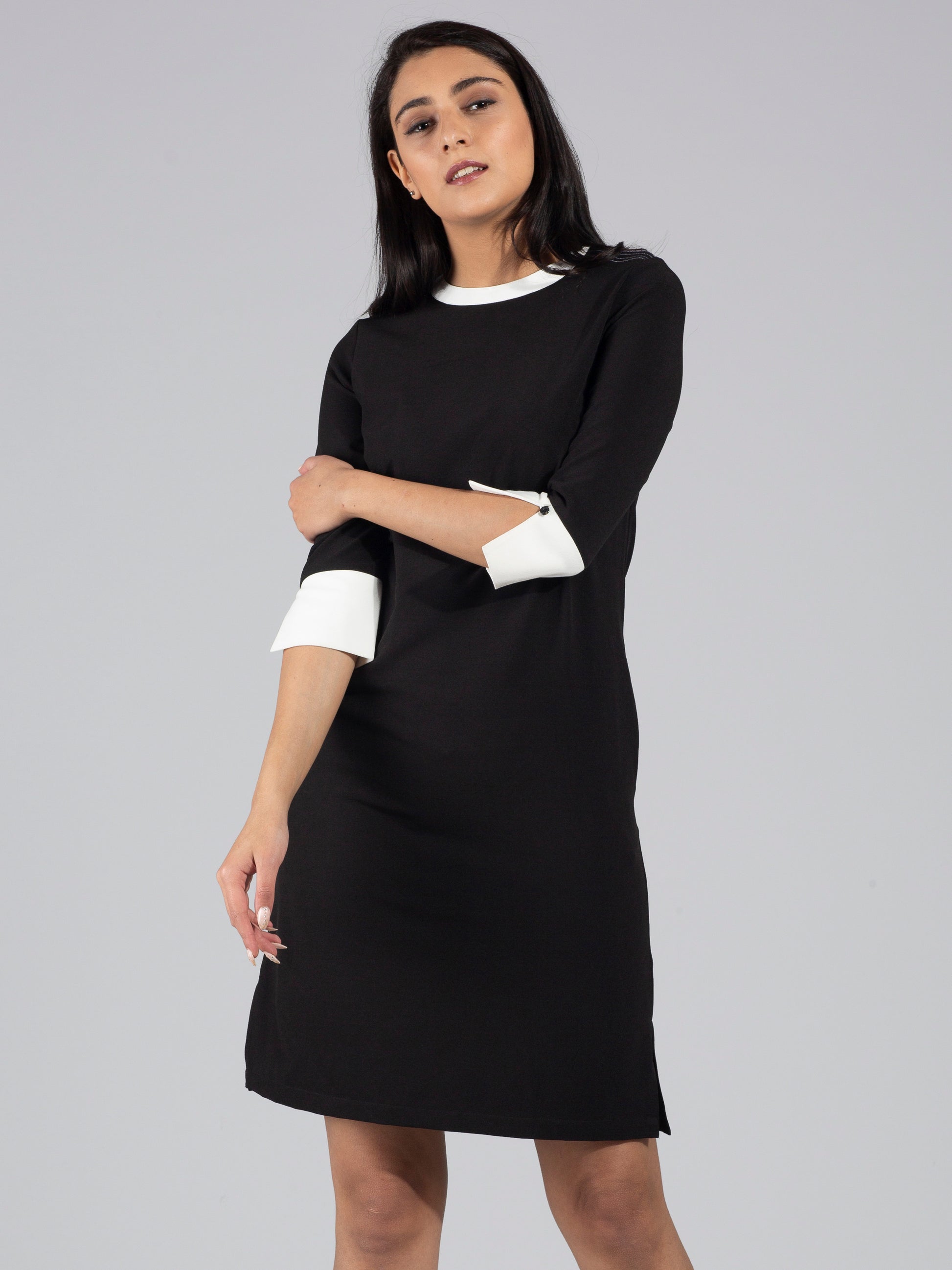 Quarter Sleeve Colour Block Above Knee Dress - Black & White| Formal Dresses