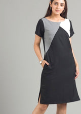 Tri-Colour Colour Block Dress - Black, Grey & White| Formal Dresses