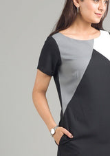 Tri-Colour Colour Block Dress - Black, Grey & White| Formal Dresses