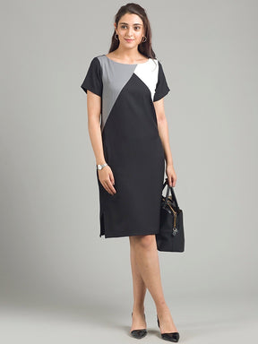 Tri-Colour Colour Block Dress - Black, Grey & White| Formal Dresses