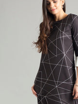 Quarter Sleeve Geometric Print Shift Dress - Black & White| Formal Dresses