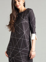 Quarter Sleeve Geometric Print Shift Dress - Black & White| Formal Dresses