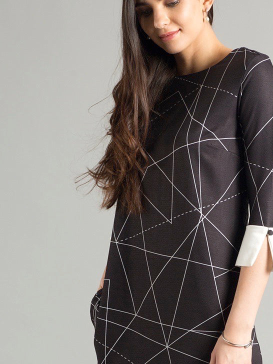 Quarter Sleeve Geometric Print Shift Dress - Black & White| Formal Dresses