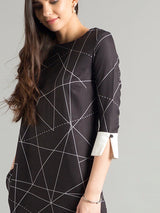 Quarter Sleeve Geometric Print Shift Dress - Black & White| Formal Dresses