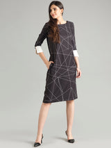 Quarter Sleeve Geometric Print Shift Dress - Black & White| Formal Dresses