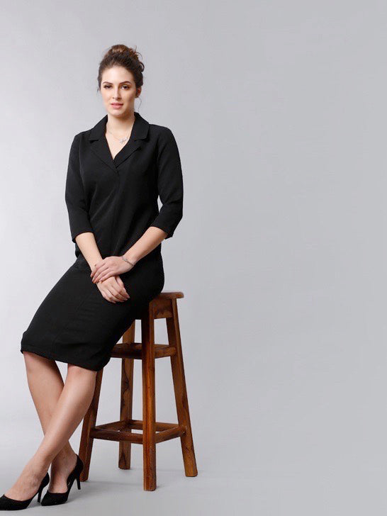 Stitched Lapel Knee Length Shift Dress - Black| Formal Dresses
