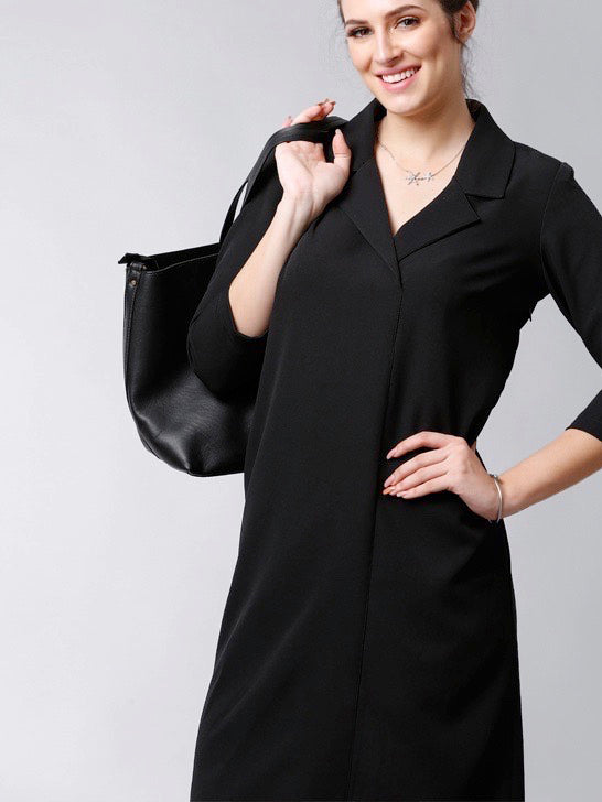 Stitched Lapel Knee Length Shift Dress - Black| Formal Dresses